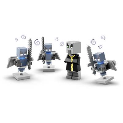 Four Minecraft-style figures, including one gray-robed character and three armed blue armored characters holding swords, stand on display bases.