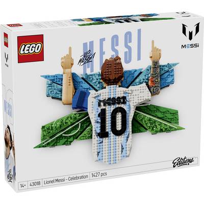 LEGO Icons set box for 'Lionel Messi - Celebration' showing a brick-built Messi figure in Argentina colors with raised arm and number 10 jersey, 1427 pieces, ages 14+