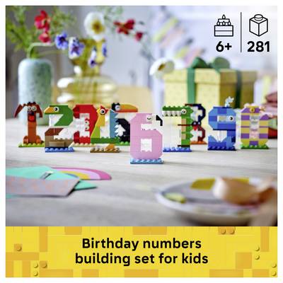 Colorful LEGO-style birthday number building set for kids, spelling '6' among other numbers, with '6+' and '281' icons indicating age range and piece count.