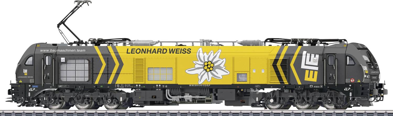 Side view of a yellow and black LEONHARD WEISS electric locomotive with a daisy logo and raised pantograph on top.