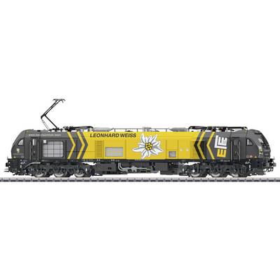 Side view of a yellow and black LEONHARD WEISS electric locomotive with a daisy logo and raised pantograph on top.