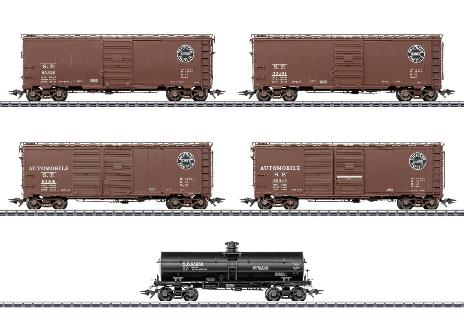 Illustration of five model freight railcars on track: four brown boxcars and one black tank car, shown side by side.