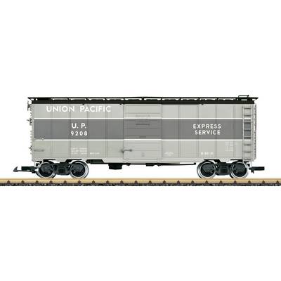 Side view of a Union Pacific freight boxcar labeled 'U.P. 9208' and 'EXPRESS SERVICE' on railroad tracks.