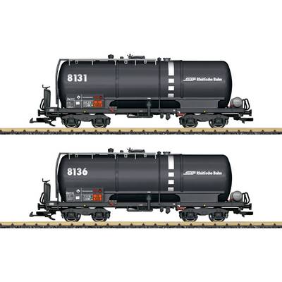 Two black tanker railcars on tracks, numbered 8131 and 8136, labeled 'Rhaetische Bahn'.