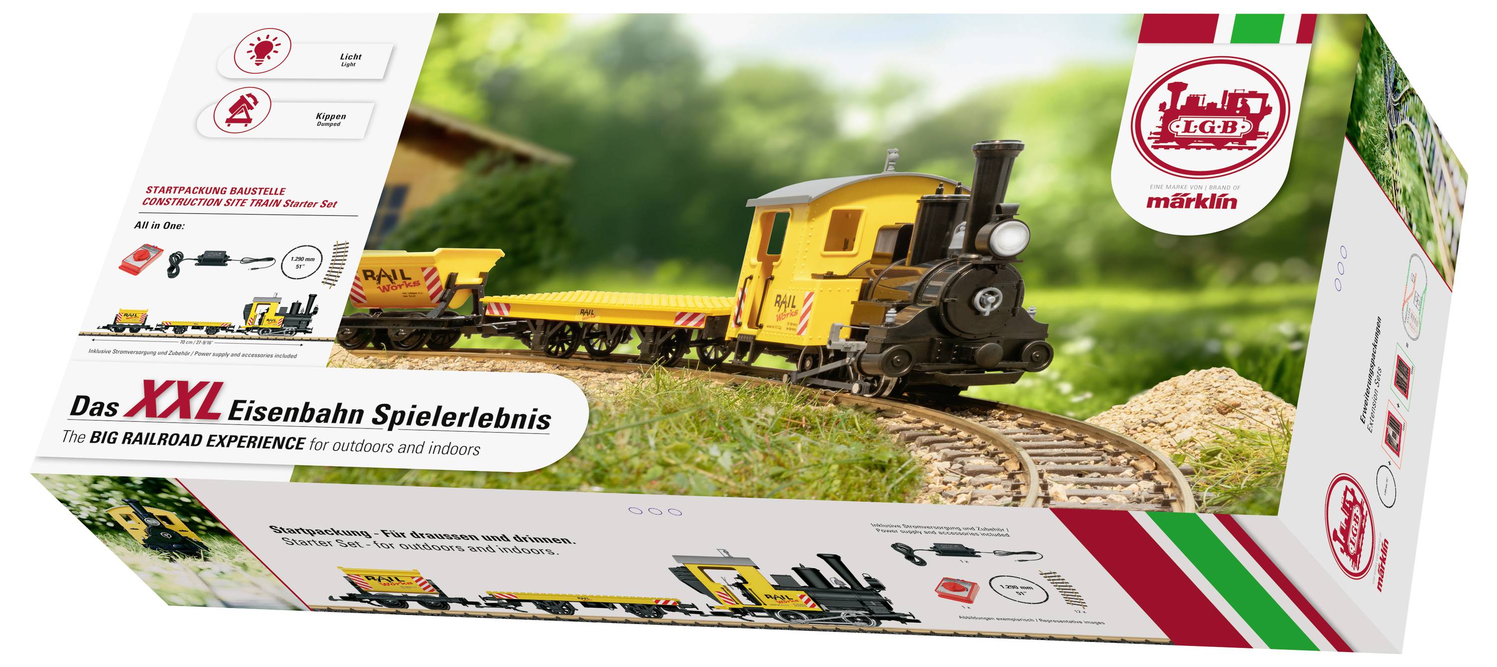 Box of a Märklin toy train set showing a yellow locomotive and wagons on curved track outdoors, labeled 'Das XXL Eisenbahn Spielerlebnis' and 'The Big Railroad Experience'.