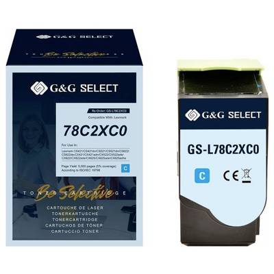 G&G SELECT toner cartridge packaging and cartridge for Lexmark 78C2XC0, cyan, shown side by side.