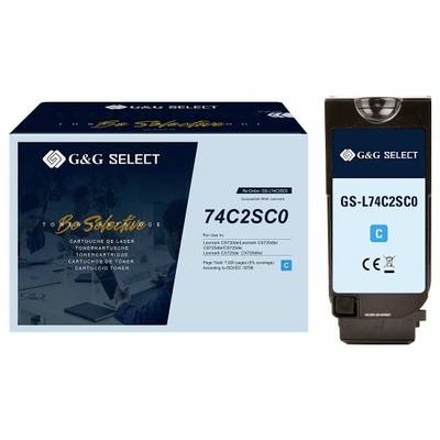 G&G Select toner cartridge packaging and cartridge labeled GS-L74C2SC0, cyan, for use in compatible laser printers.