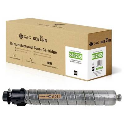Boxed G&G Reborn remanufactured toner cartridge, labeled 842255, shown with the gray-and-black cartridge below the package.
