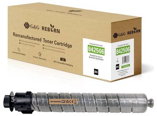 G&G REBORN remanufactured toner cartridge packaging and the black toner cartridge shown below it, labeled compatible with model 842506 BK.