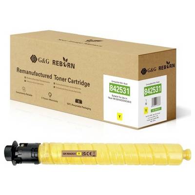 Image of a G&G REBORN remanufactured toner cartridge in brown packaging, with the yellow cartridge shown below and labels including '842531' and 'Y'.