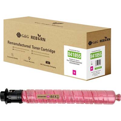 G&G Reborn remanufactured toner cartridge box and a pink toner cartridge, labeled 841855 and 'Compatible with Ricoh'.