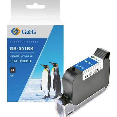 G&G GB-001BK black ink cartridge box and cartridge for handheld supply printer GG-HH1001B, 42 ml, with penguin image on packaging