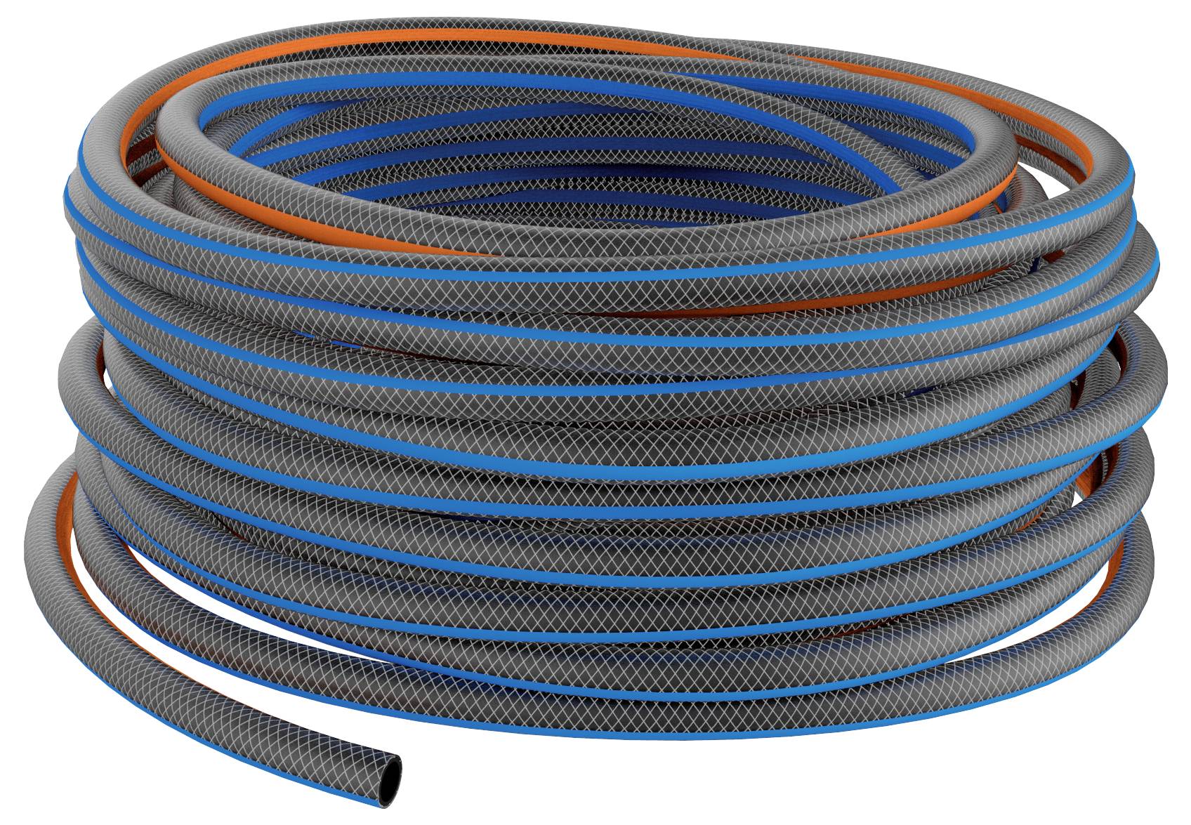Coiled black hose or cable with blue and orange stripes, shown on a white background.<br>