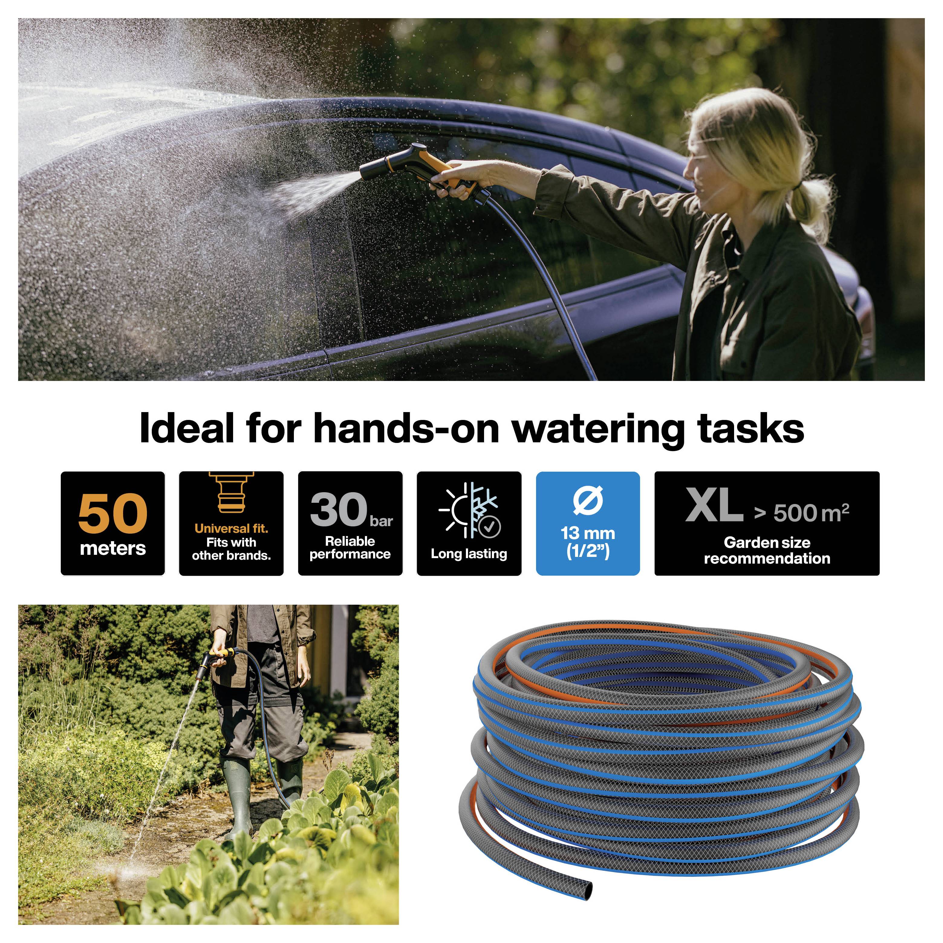 Garden hose ad showing a woman watering plants, with product features: 50 meters, universal fit, 30 bar, long lasting, 13 mm, for large gardens.<br>