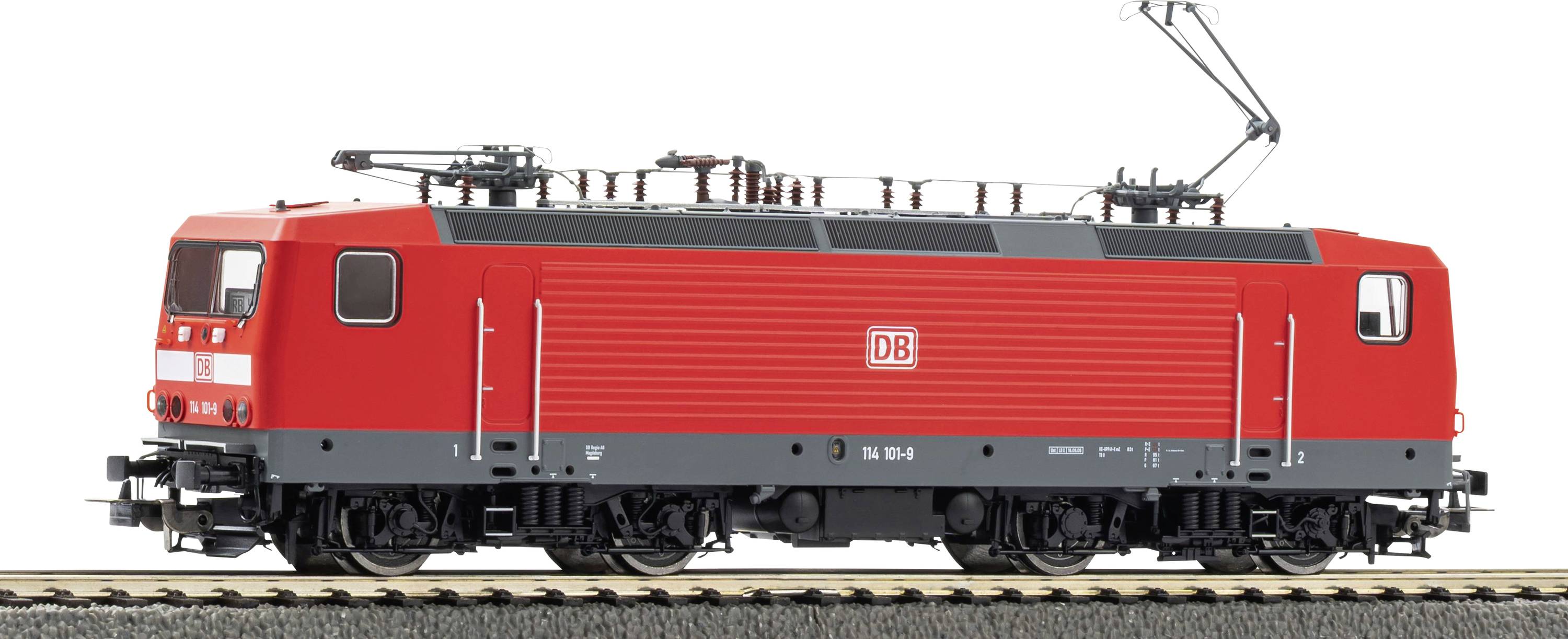 Side view of a red DB electric locomotive on tracks, shown isolated against a white background.