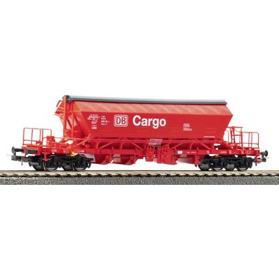 Red DB Cargo freight rail wagon model in bright red, shown side-on on train tracks against a white background.