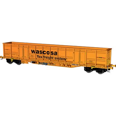Orange Wascosa flex freight system railcar shown in side view, with large 'wascosa' branding and end door details.