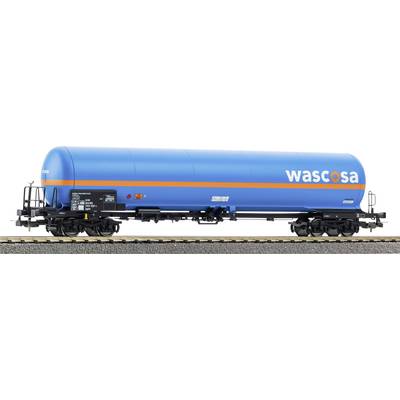 Blue WASCOSA tanker railcar viewed from the side on tracks, with ladders and black undercarriage equipment.