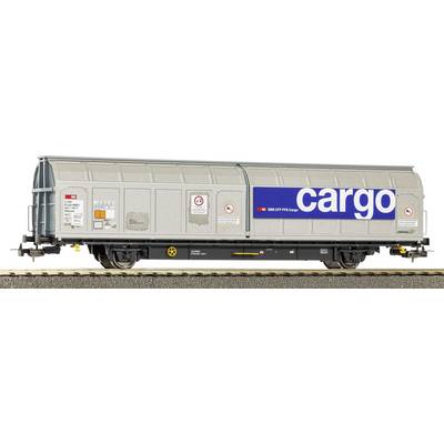 A gray cargo freight railcar with a large blue 'cargo' logo on the side.