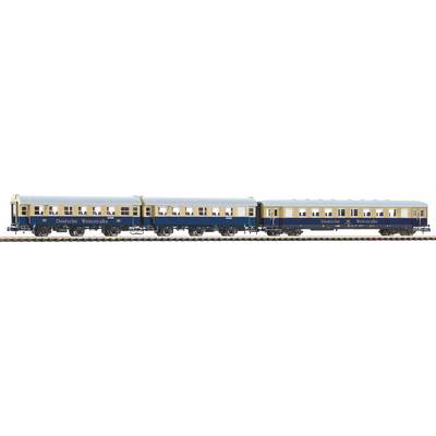 A blue-and-cream Deutsche Weinstraße passenger train with lit windows, shown in side view with two connected cars on a plain white background.