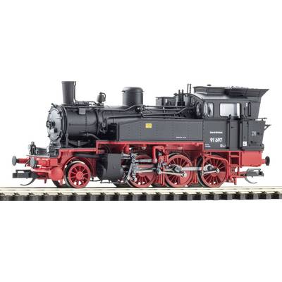 Black and red steam locomotive model on train tracks, side view, with large red driving wheels and the number 91 697 on the cab.