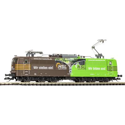 Side view of a HSL Logistics train locomotive in brown and green advertising livery, with the text 'Wir stellen ein!' and 'Wir bilden aus!' on the sides.