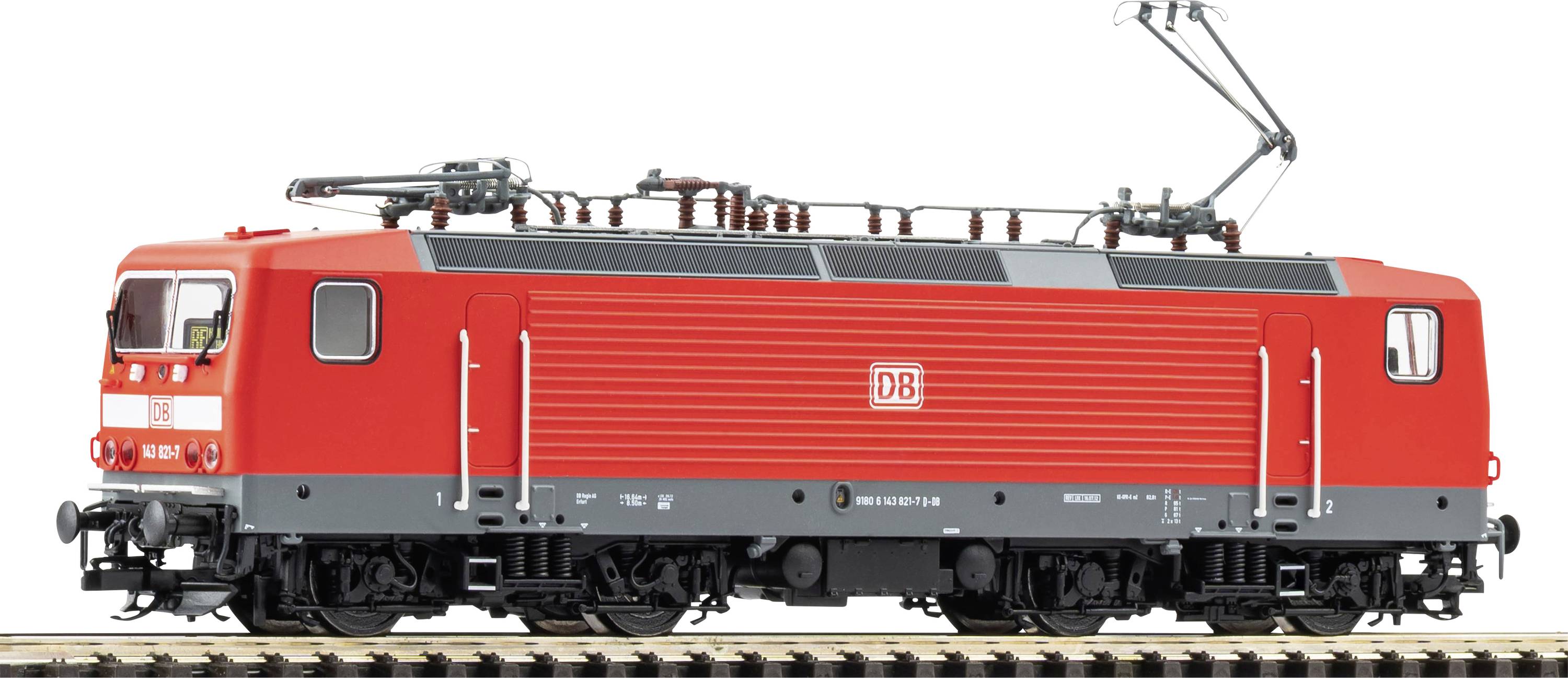 Side view of a red DB electric locomotive with pantograph raised on a white background.