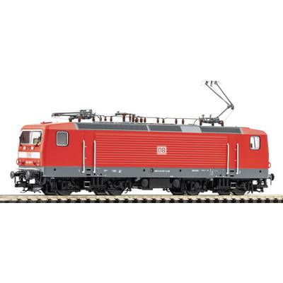 Side view of a red DB electric locomotive with pantograph raised on a white background.