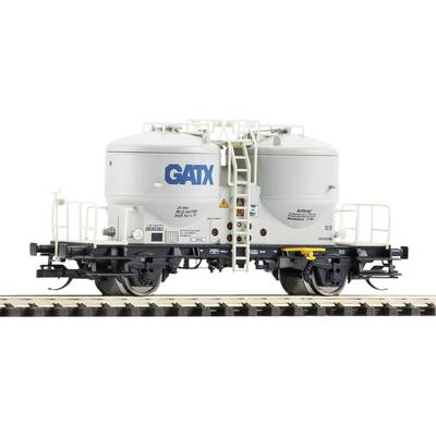 Side view of a white GATX rail tank car on tracks, showing industrial cargo transportation equipment.