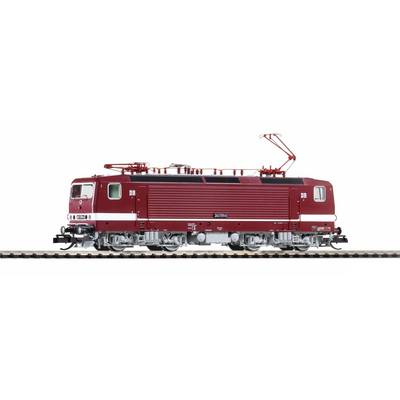 Side view of a red electric locomotive on a white background, with raised pantograph and visible wheels, shown in profile.