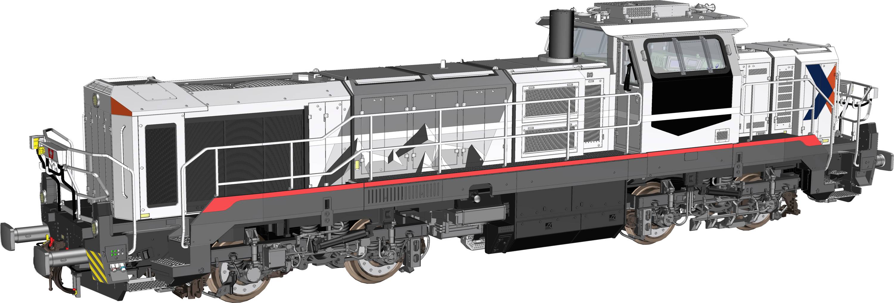 Side view of a gray and black locomotive with red striping and large cab windows, shown on a white background.<br>