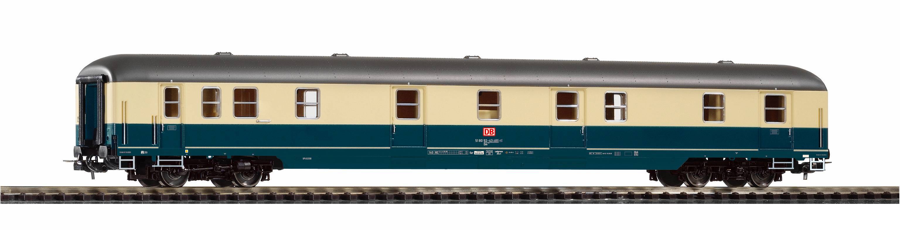Side view of a vintage passenger train car with cream upper body and dark green lower body on tracks, shown against a white background.