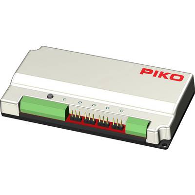 Compact PIKO electronic module with red connector pins and green end caps, shown in a product-style illustration.