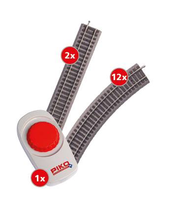 Piko model train switch controller with red button and two connected track pieces labeled 2x and 12x.
