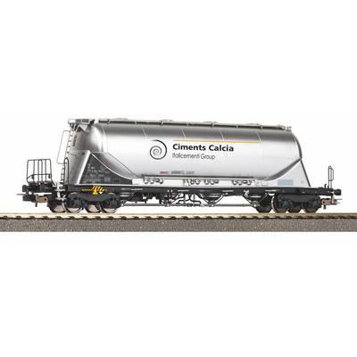 Side view of a white Ciments Calcia rail tanker wagon with company logo, shown on tracks against a plain background.