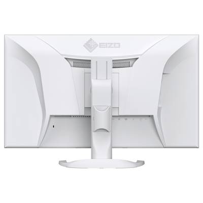 Rear view of a white EIZO monitor with a central stand and curved back panel.