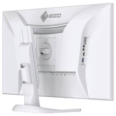 Rear view of a white EIZO desktop monitor on a stand, showing adjustable mounting, vents, and side ports.