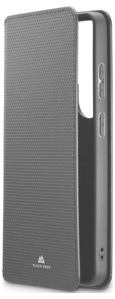 Gray textured smartphone folio case with front cover and side buttons, shown closed on a white background.