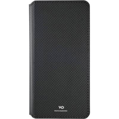 Black textured phone wallet case with rounded corners and White Diamonds logo at the bottom