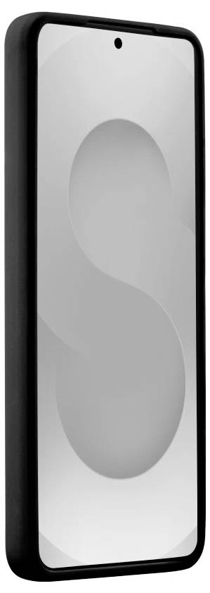 Front view of a black smartphone with a centered hole-punch camera and a light gray abstract wallpaper.<br>
