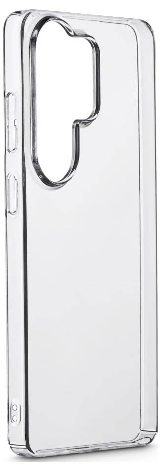 Clear smartphone case with a raised camera cutout, shown front view on a white background.