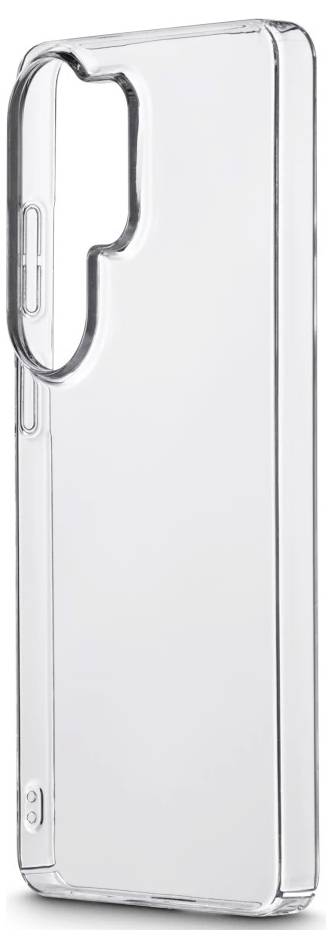 Clear transparent smartphone case with cutout for camera and side buttons, shown on a white background.