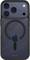 Back of an iPhone in a dark Hama case with MagSafe ring, showing triple rear cameras and flash.