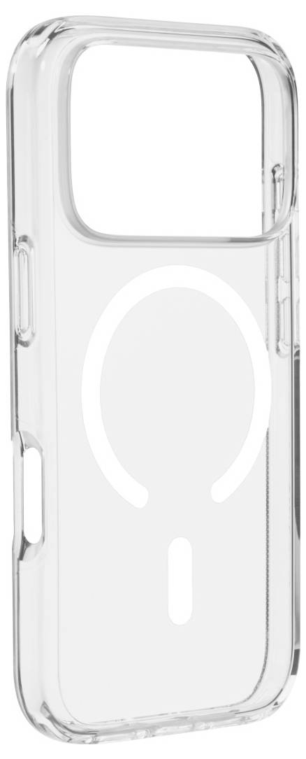 Clear iPhone case with a large back cutout for a circular MagSafe-style accessory and a side button cover.