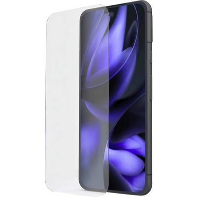 A smartphone with a translucent protective case, shown in angled view with the screen on and a blue abstract wallpaper.