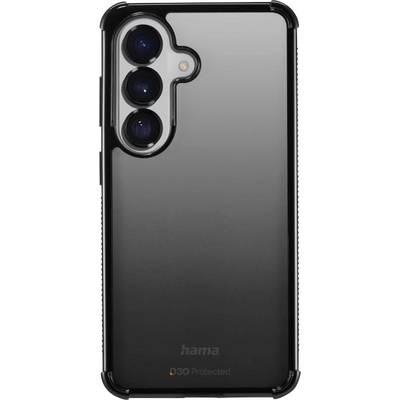 Black protective smartphone case shown from the back, with three large camera cutouts and a raised bumper edge; 'hama' and '360 Protected' visible near the bottom.