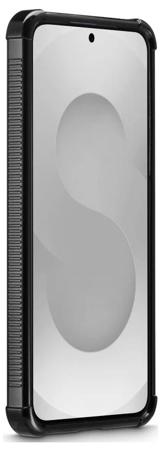 Black rugged phone case with clear back panel showing a large S-shaped design.