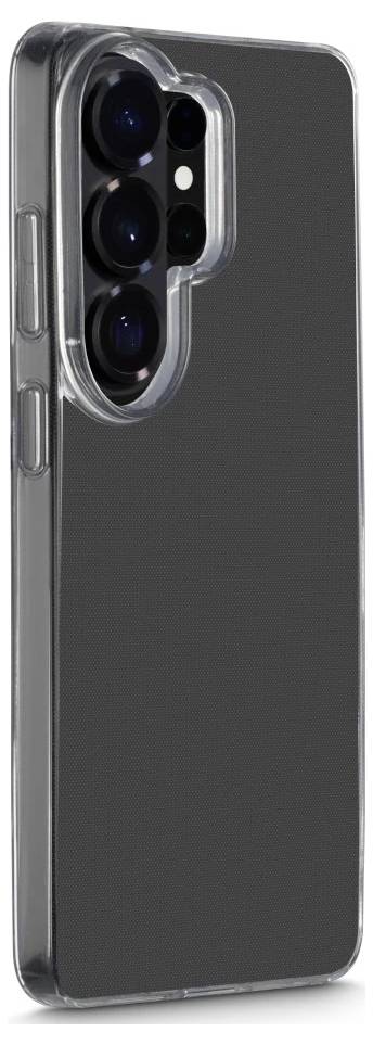 Clear phone case shown on a smartphone, highlighting the raised cutout around the rear camera lenses.