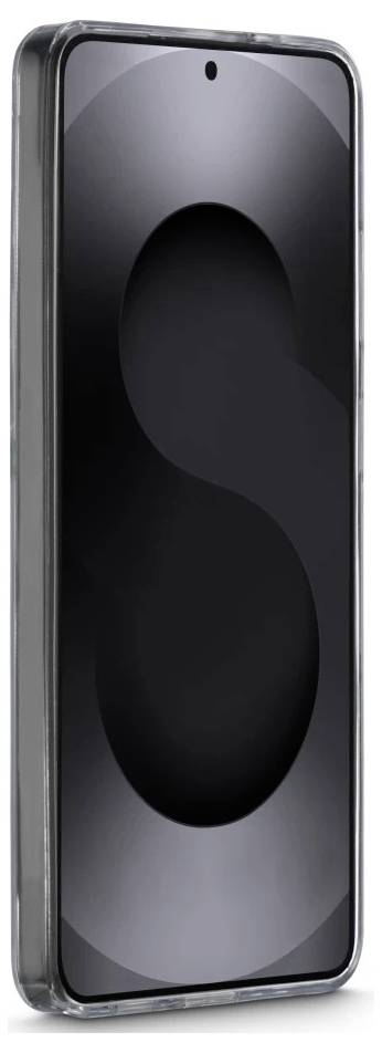 A black smartphone in a clear protective case, shown front view with a dark screen and centered camera hole.