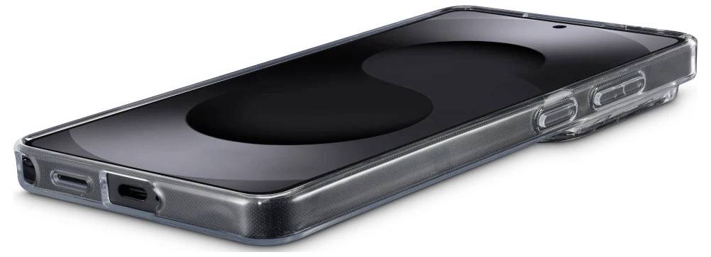 Black smartphone in a clear protective case shown at an angle on a white background.